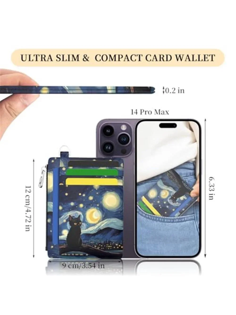 Black Cat Starry Night RFID Card Holder Wallet Coin Purse Keychain Slim Case